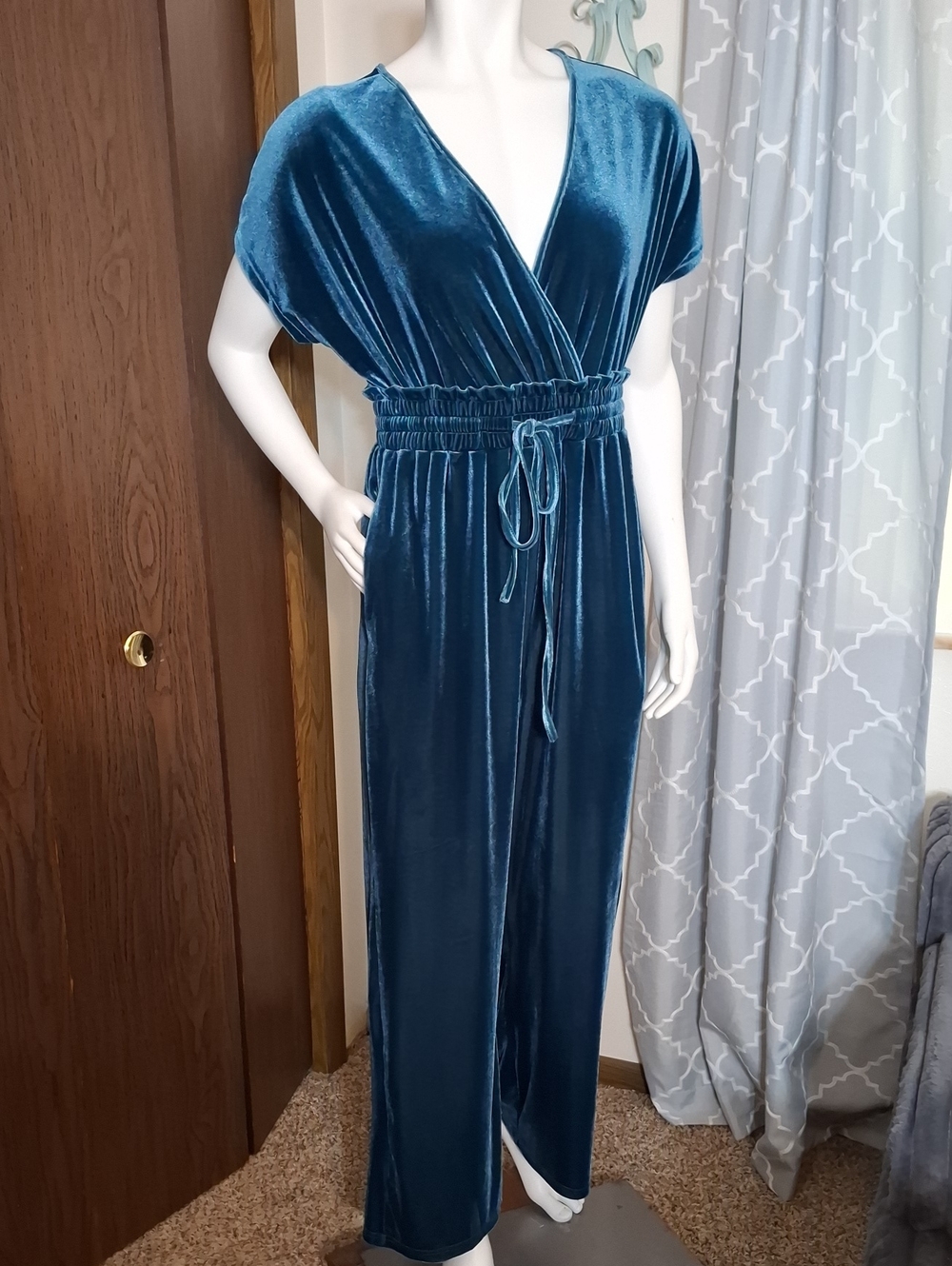 Teal Velvet Surplice Jumpsuit Dress with Smocked Waist
